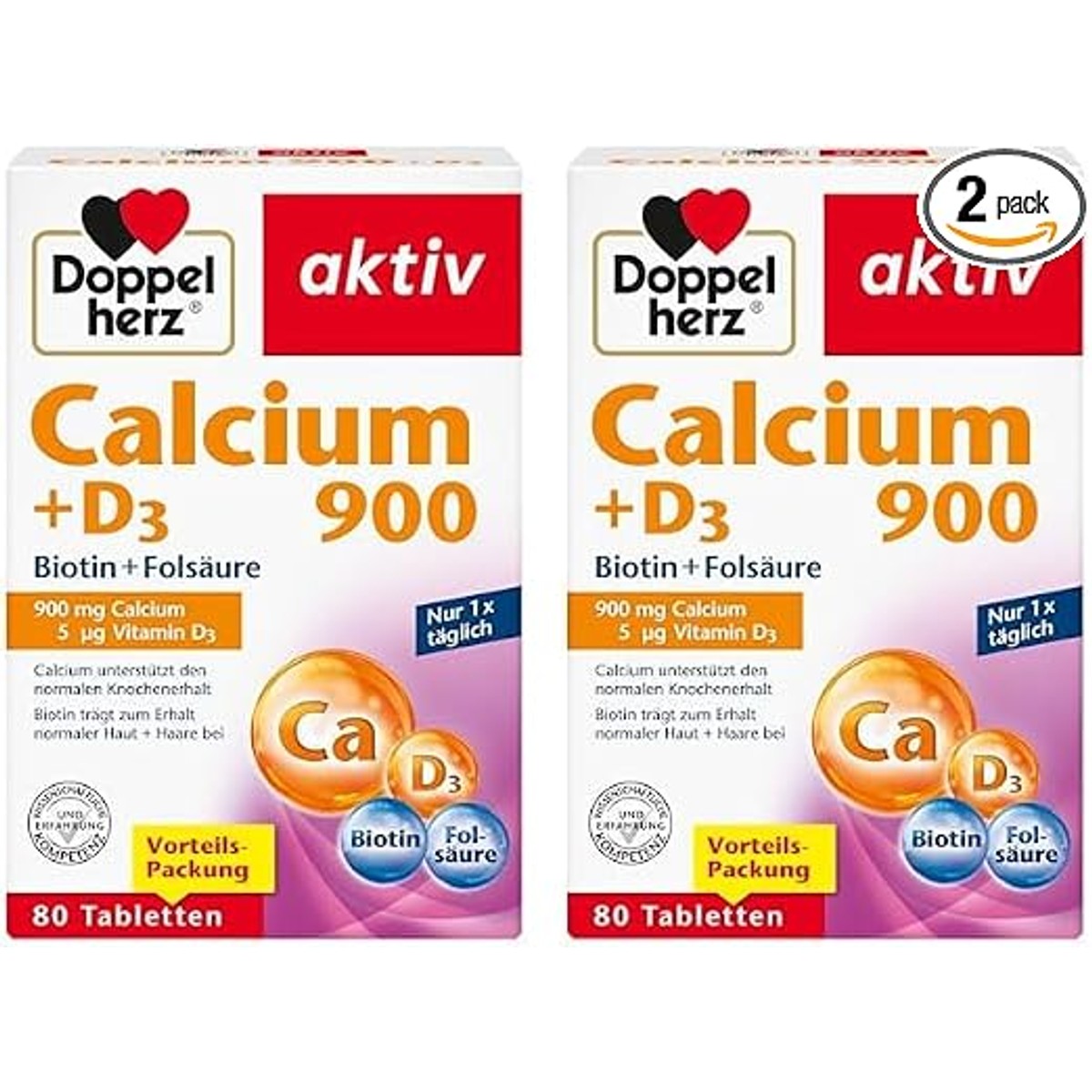 Doppelherz Calcium 900 + D3 + Biotine + foliumzuur – Calcium draagt bij aan een normaal botbehoud en aan de normale spierfunctie – 80 tabletten (verpakking van 2) – Doppelherz