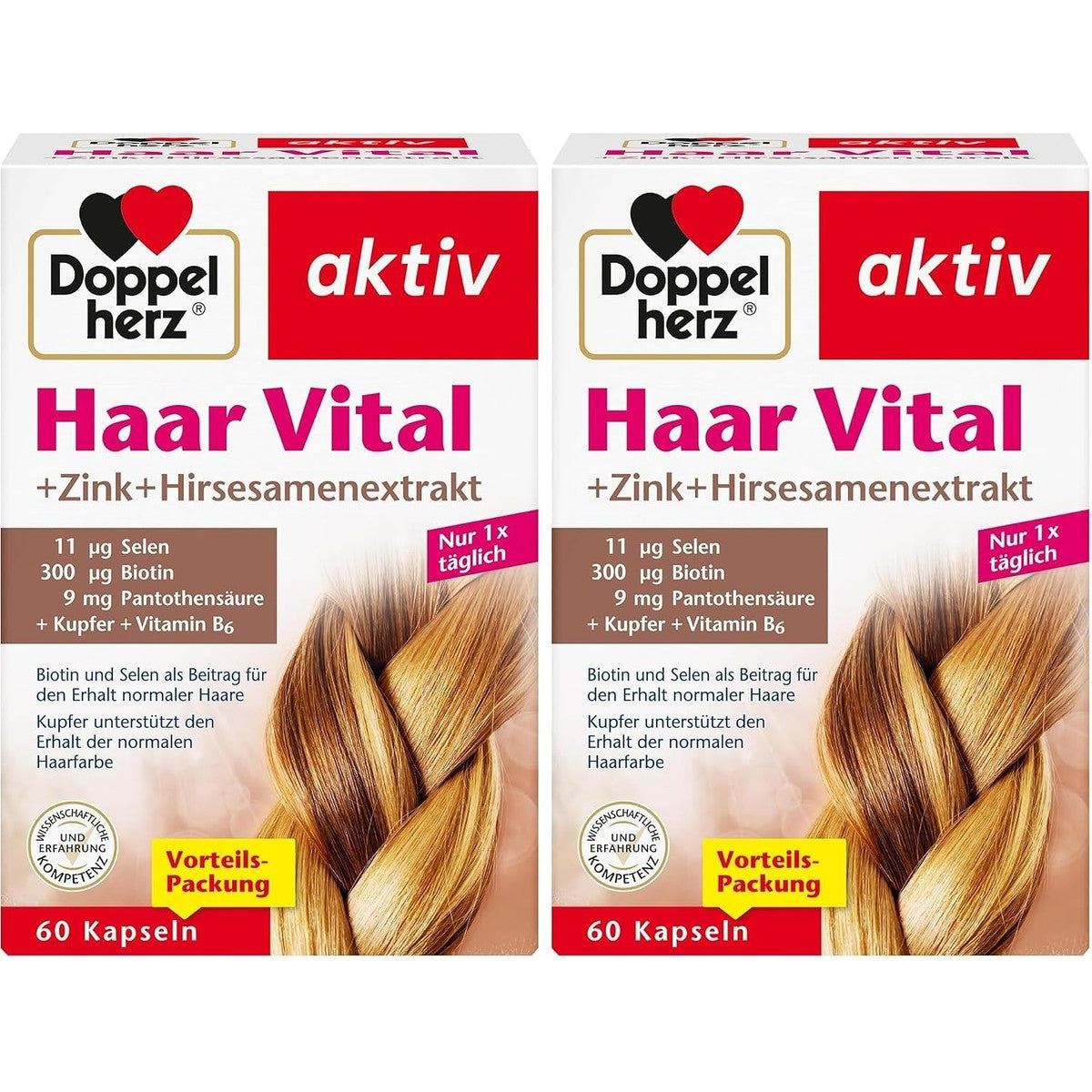 Doppelherz Vital + zink + gierstzaadextract - biotine als bijdrage aan het behoud van normaal haar - koper ondersteunt het behoud van de normale haarkleur - 60 capsules (verpakking van 2) – Doppelherz