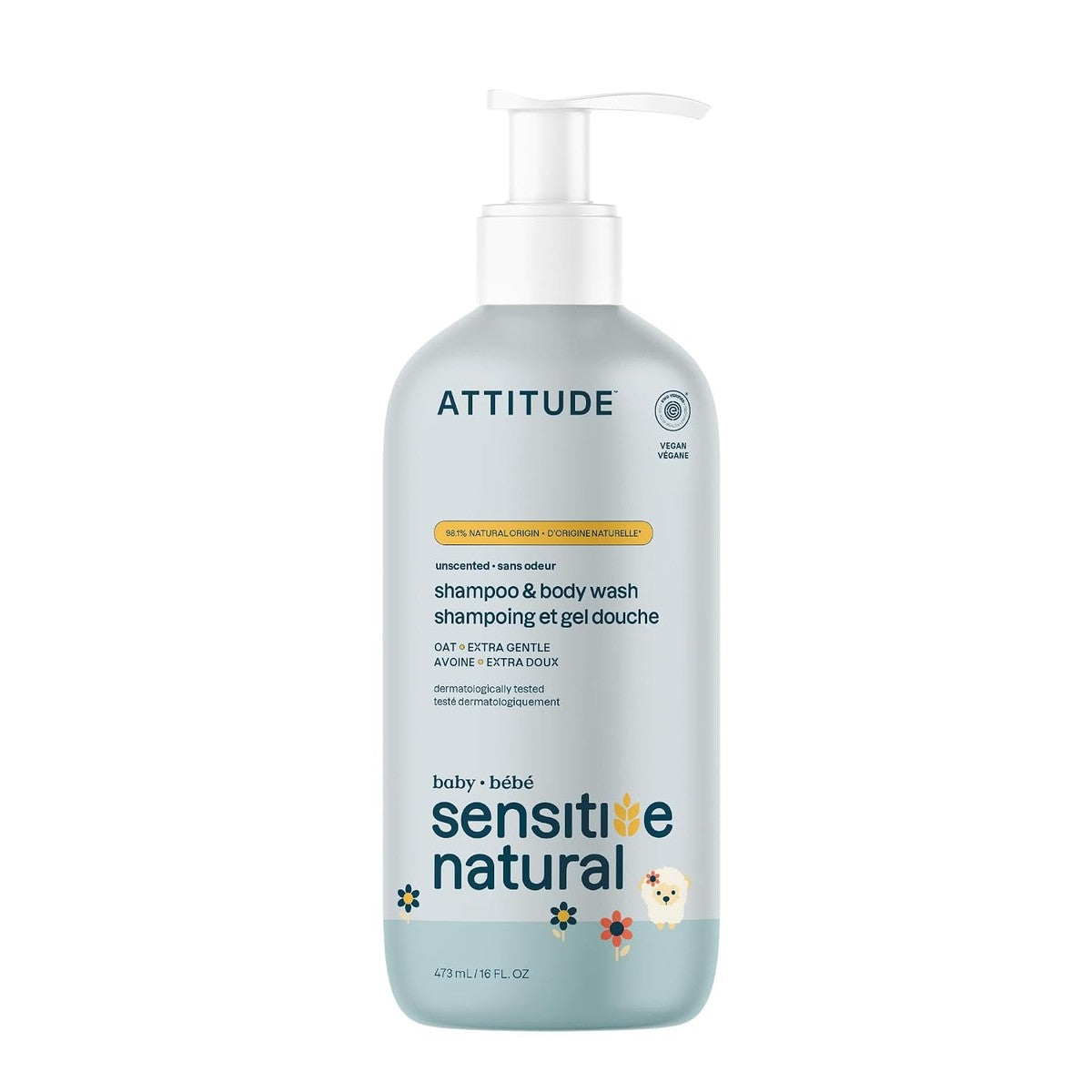 ATTITUDE Shampoo en body wash voor baby met gevoelige huid, EEG-getest, plantaardige en minerale ingrediënten, veganistisch, verrijkt met havermout, ongeparfumeerd, 473 ml – ATTITUDE