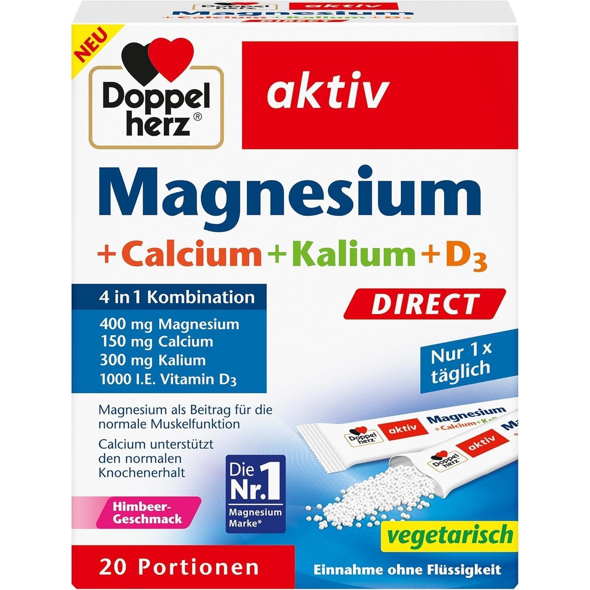 Doppelherz Magnesium + Calcium + Kalium + D3 DIRECT - met frambozensmaak – Doppelherz