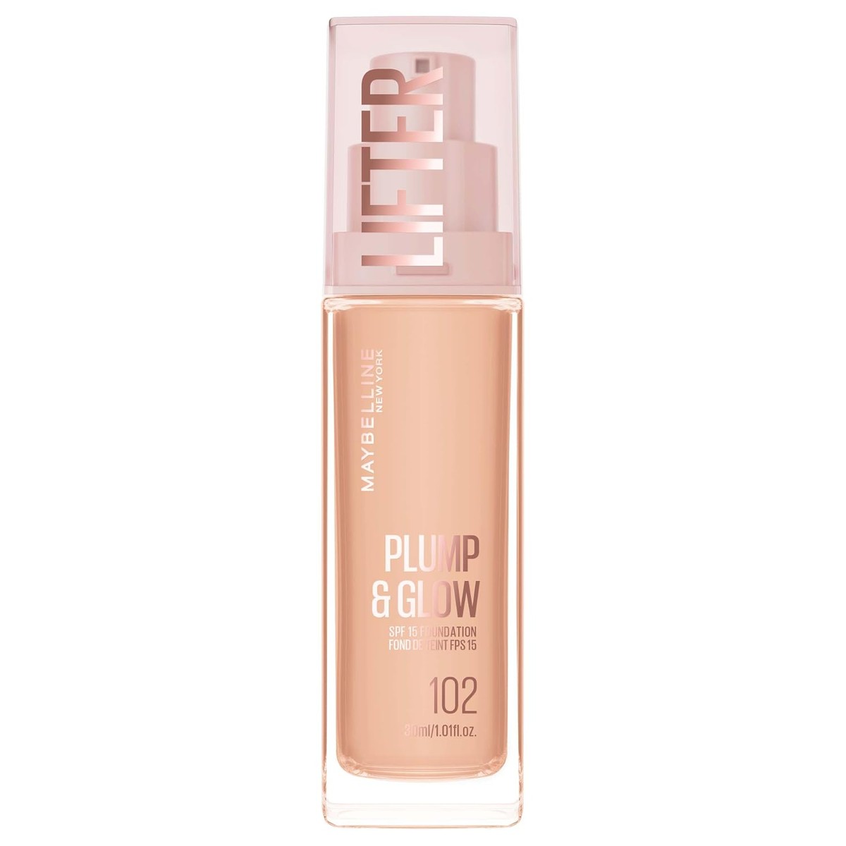 Maybelline New York Lifter Plump & Glow Foundation, opvult en straalt onmiddellijk op, gelijkmatige, gladde en stralende afwerking, kleur 102, 30 ml | 2% niacinamide en hyaluronzuur, 90% verzorgende formule, aanpasbare dekking – MAYBELLINE