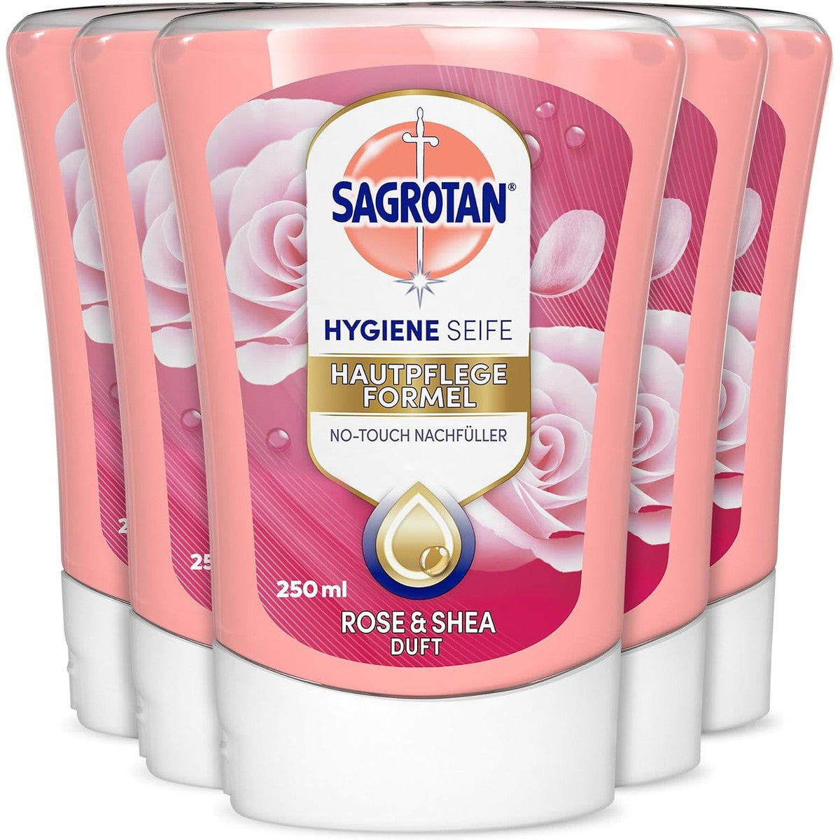 Sagrotan No-Touch navulling voor automatische zeepdispenser, 5 x 250 ml handzeep in een praktische voordeelverpakking Cashmere & Rose – Sagrotan