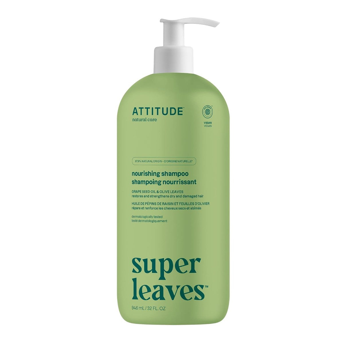 ATTITUDE Verzorgende Hair Shampoo, EEG-getest, voor droog en beschadigd haar, natuurlijke afgeleide ingrediënten, veganistisch en plantbasis, grapeseed olie en olijvenbladeren, 946 ml – ATTITUDE