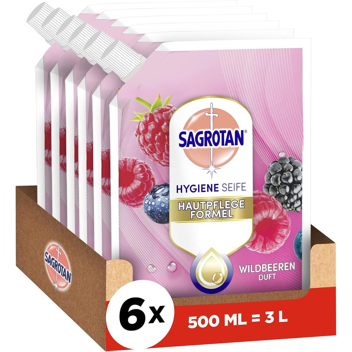 Sagrotan Handzeep navulling braambes en bosvruchten – hydraterend en sterk tegen bacteriën – 6 x 500 ml handzeep – Sagrotan