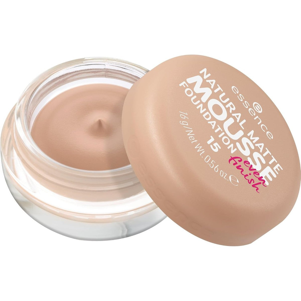 essence NATURAL MATTE MOUSSE FOUNDATION Nr. 15, nude, matterend, dekkend, expresresultaat, mat, veganistisch, zonder parfum, zonder alcohol, zonder conserveringsmiddelen, per stuk verpakt (16g) – Essence Cosmetics
