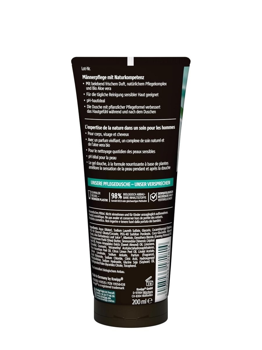 Kneipp MEN 3 in 1 Pflegedusche Sensitiv - Für Haut, Haar & Gesicht - Bio Aloe Vera - Hautberuhigendes Duscherlebnis - 200ml door Huishoudvoordeel nu bij Huishoudvoordeel