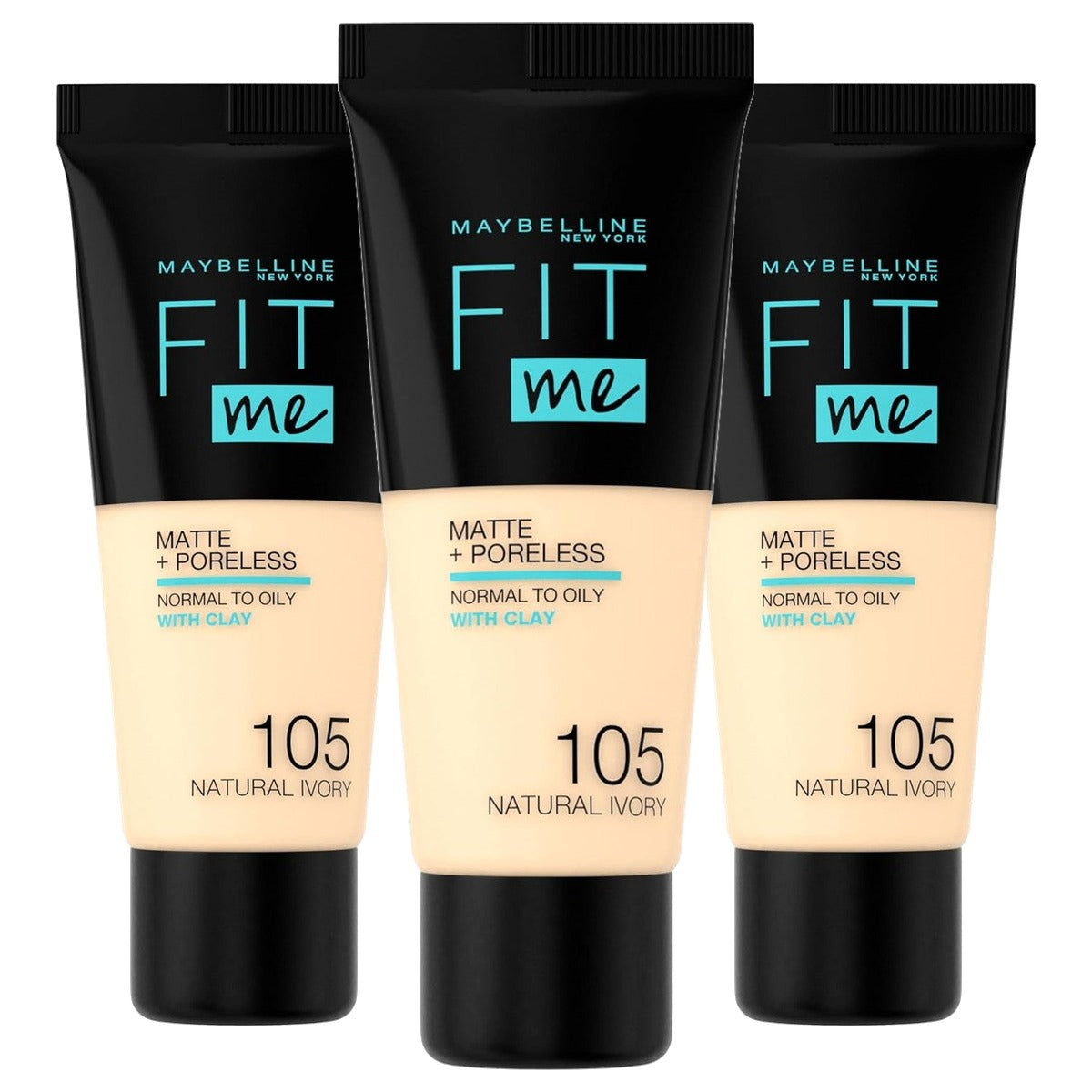 MAYBELLINE Fit Me Matte Poreless 105 Natural Ivory 30 ml - 3 stuks
