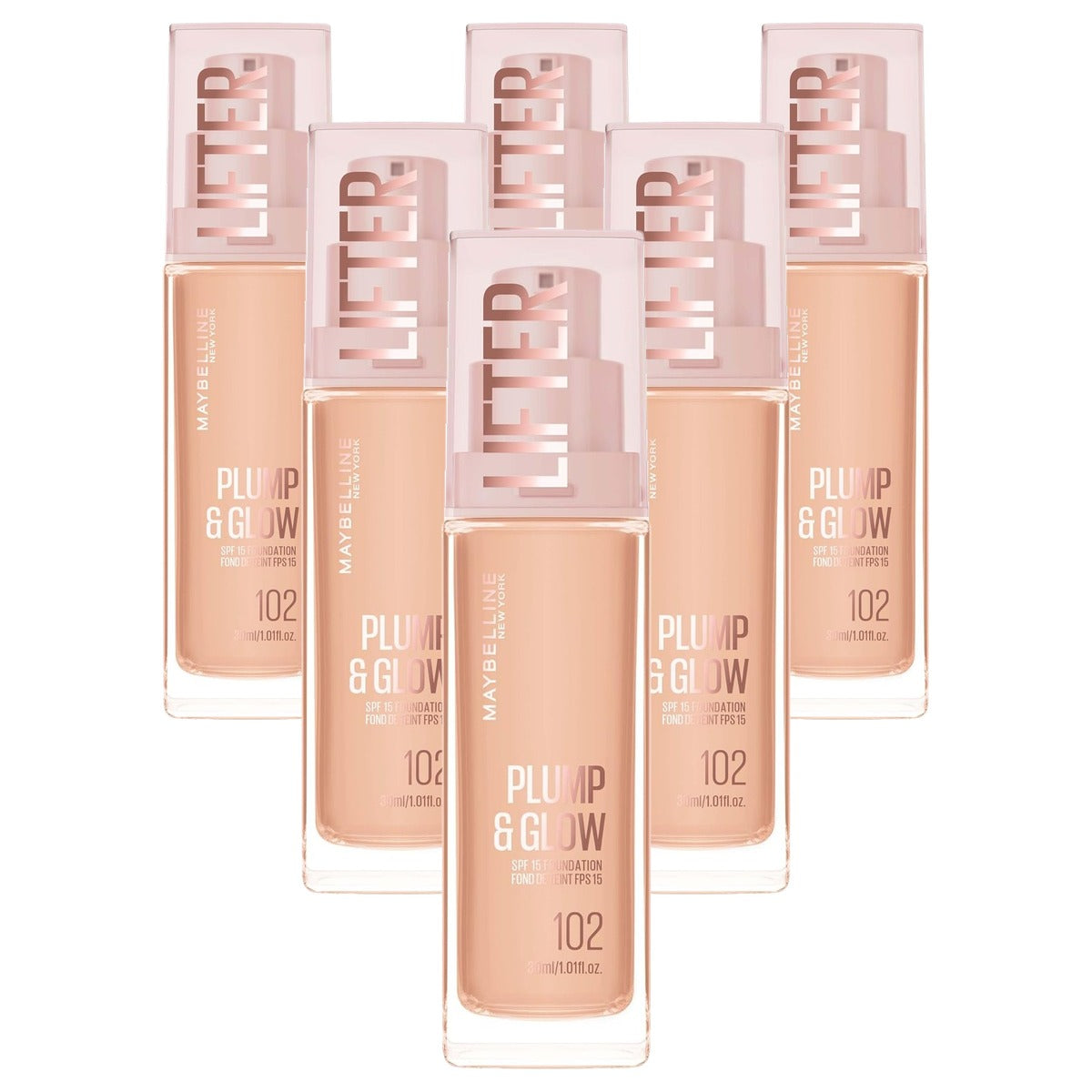 MAYBELLINE Lifter Plump & Glow Foundation 102 30 ml - 6 stuks