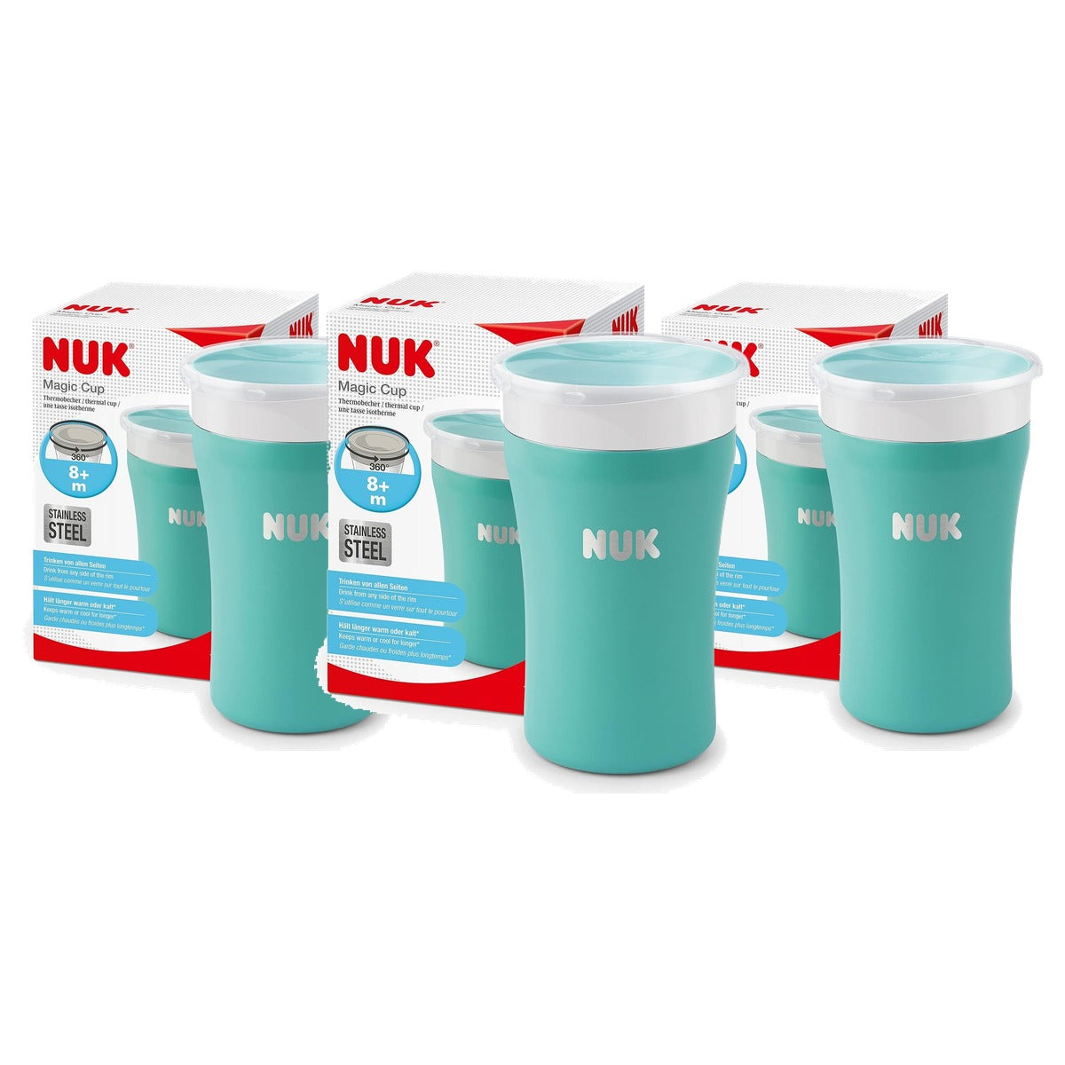 NUK Magic Cup Drinkbeker roestvrij staal, blauw, 8+ maanden 3 x 230 ml - Voordeelverpakking
