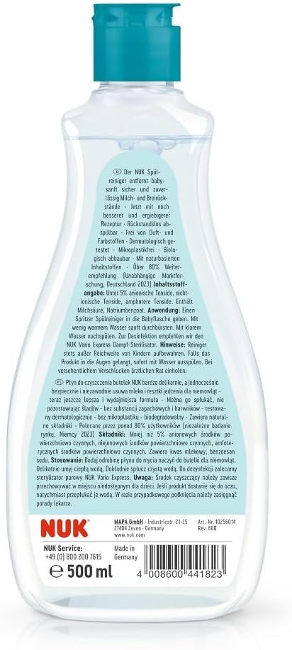 NUK Spülreiniger für Babyflaschen | 500 ml | Ideal zur Reinigung von Babyflaschen, Nuckeln und Zubehör | Duftstofffreier Reiniger | pH - neutral | 100% wiederverwertbare Flasche (Packung mit 2) door Huishoudvoordeel nu bij Huishoudvoordeel
