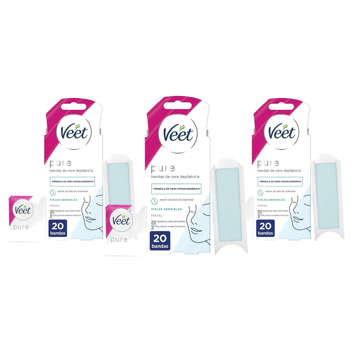 Veet Pure gezichtswaxstrips gevoelige huid 20 u - 3-pack