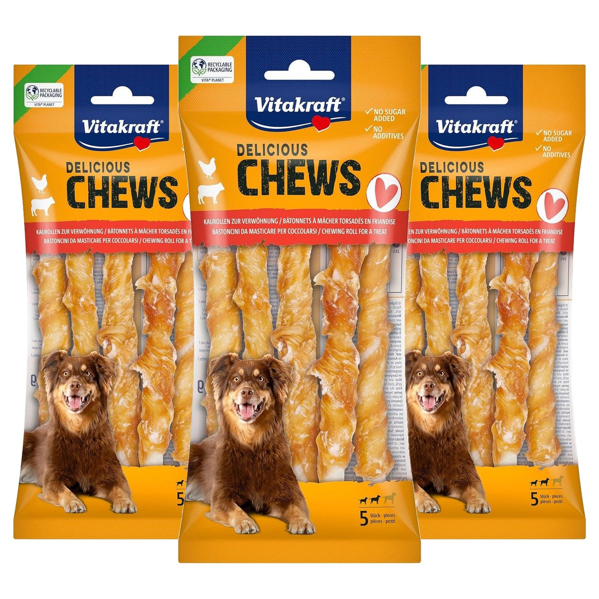 Vitakraft Chews Hondensnack Kauwrol met Kippenvlees voor Middelgrote Honden (1 x 5 stuks) - 3-pack