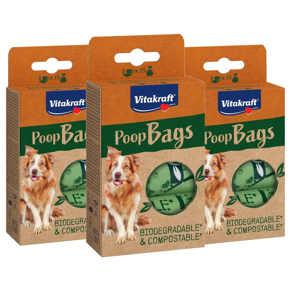 Vitakraft Poop Bags Hondenpoepzakken, Biologisch Afbreekbaar (1 verpakking, 3 x 15 zakken) - 3-pack