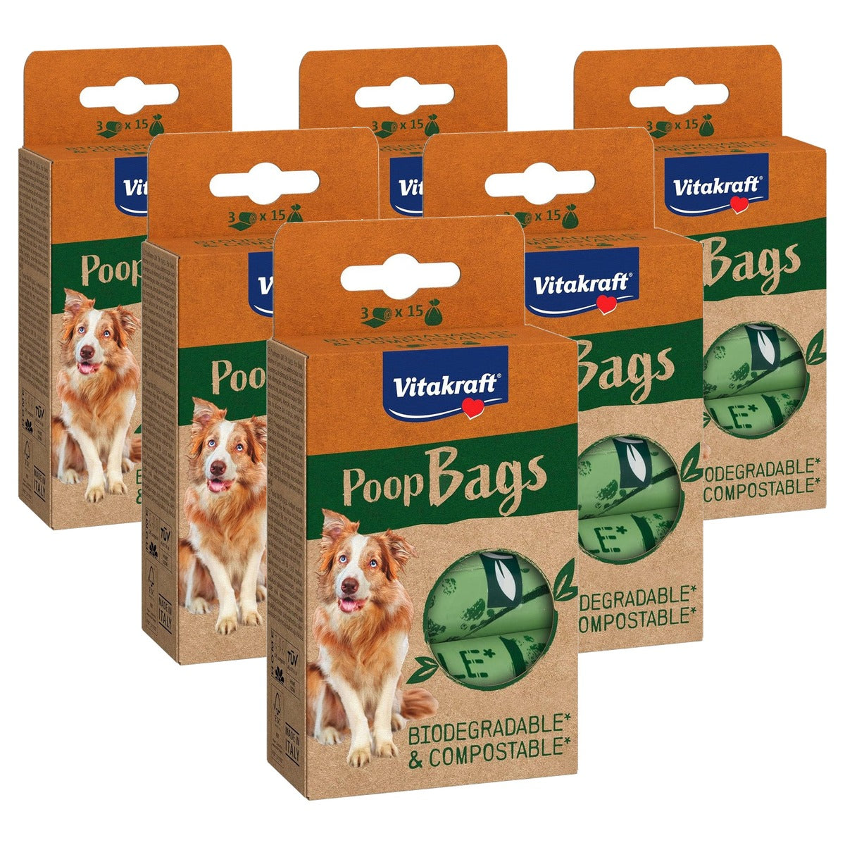 Vitakraft Poop Bags Hondenpoepzakken, Biologisch Afbreekbaar (1 verpakking, 3 x 15 zakken) - 6-pack