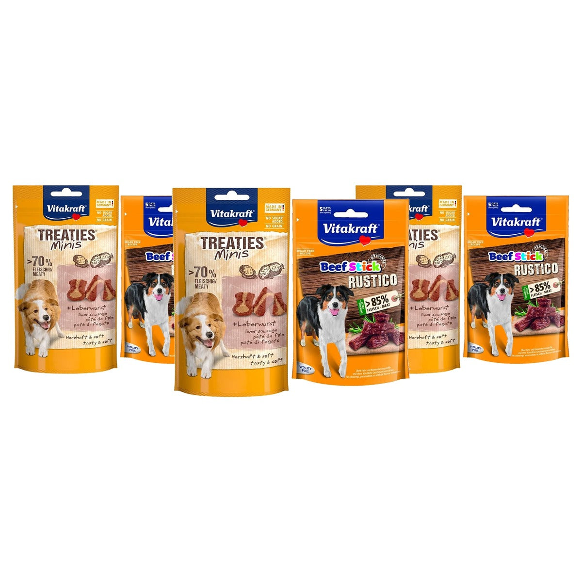 Vitakraft Hondensnack Treaties Minis Leverworst 8 x 48 g & Beef Stick Rustico 7 x 55 g - 3-pack