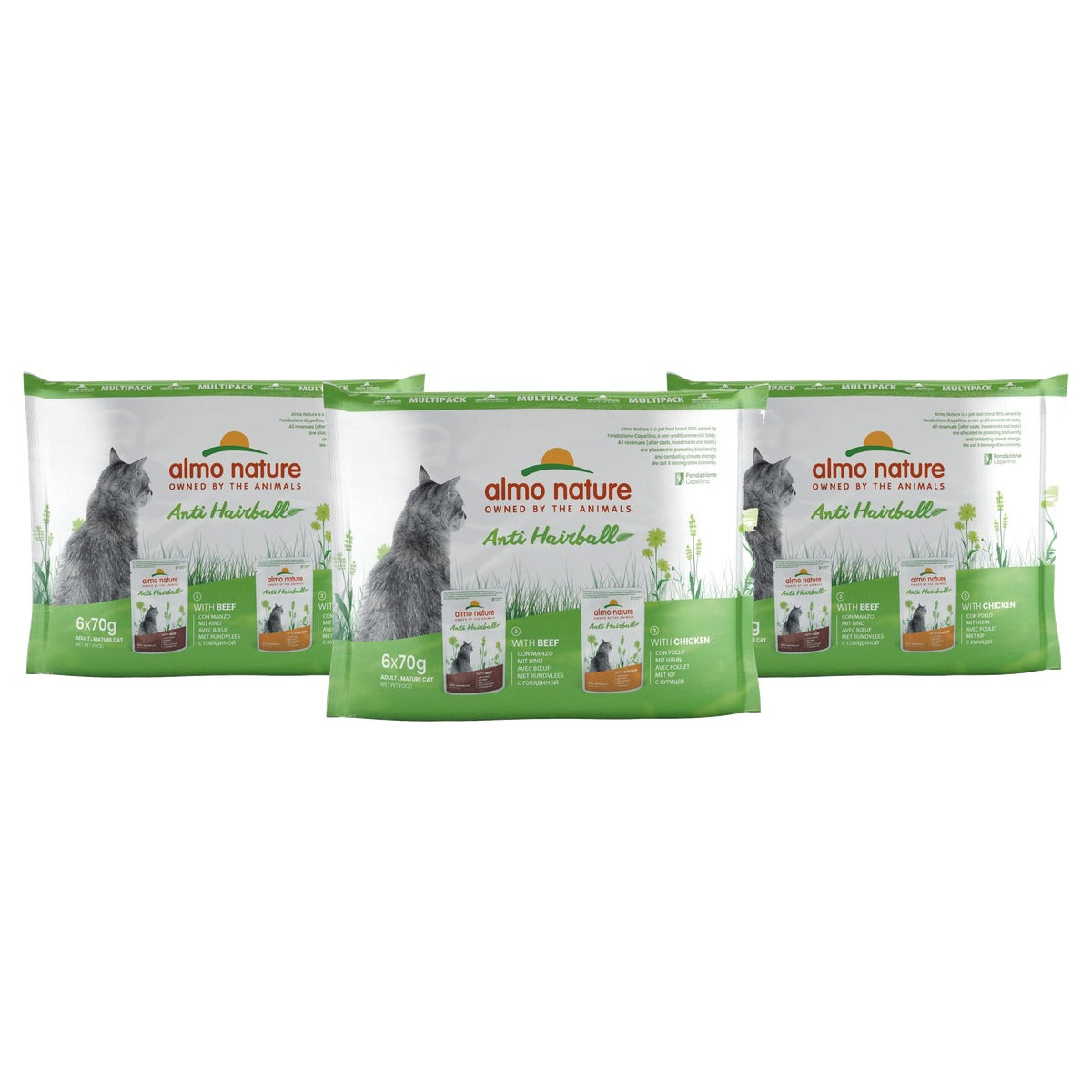 Almo Nature Functioneel Anti-haarbal Vochtvoeding Rundvlees en Kip 6 x 70 g - 3-pack