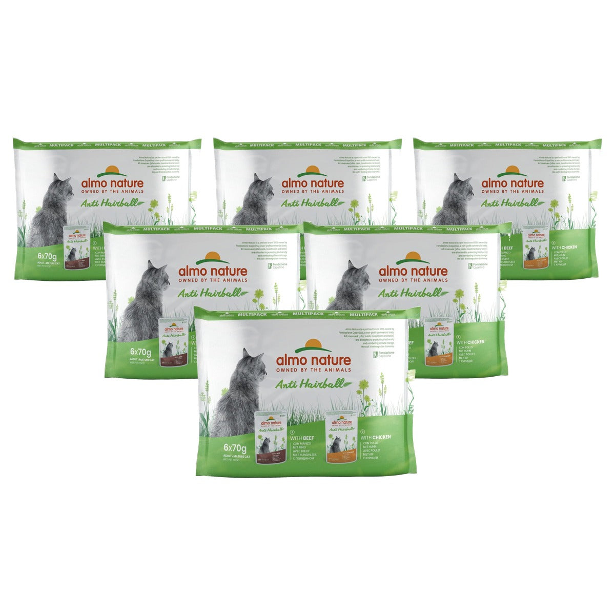 Almo Nature Functioneel Anti-haarbal Vochtvoeding Rundvlees en Kip 6 x 70 g - 6-pack