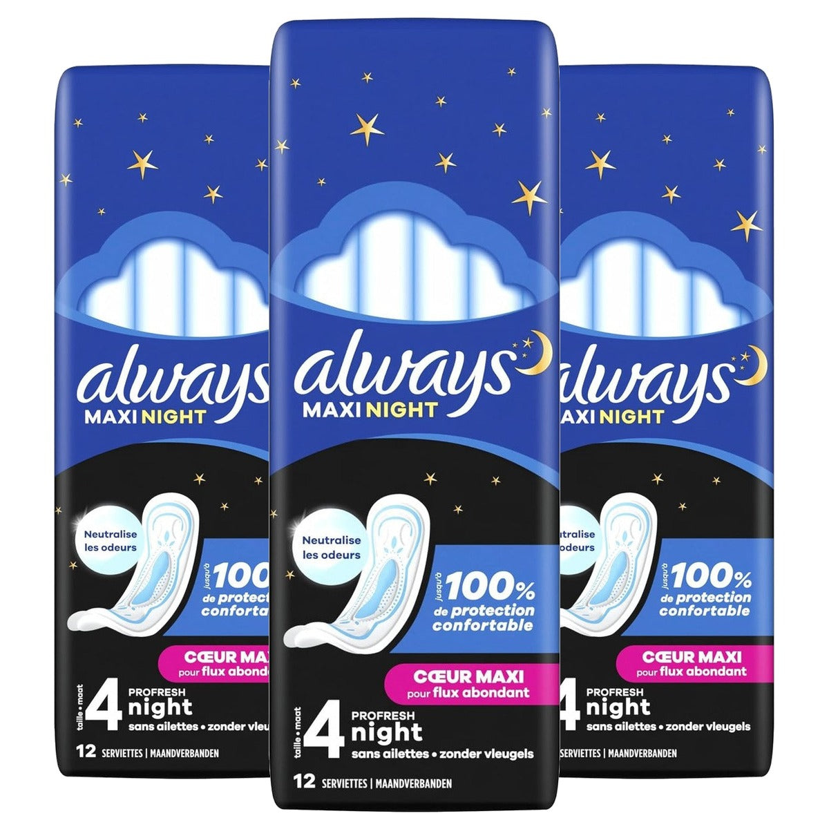 Always Maxi Night ProFresh Banden zonder Vleugel 3 x 12 stuk - Voordeelverpakking