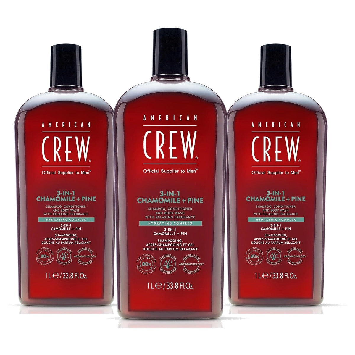 American Crew 3-in-1 Chamomile & Pine Shampoo & Douchegel 1000 ml - 3-pack