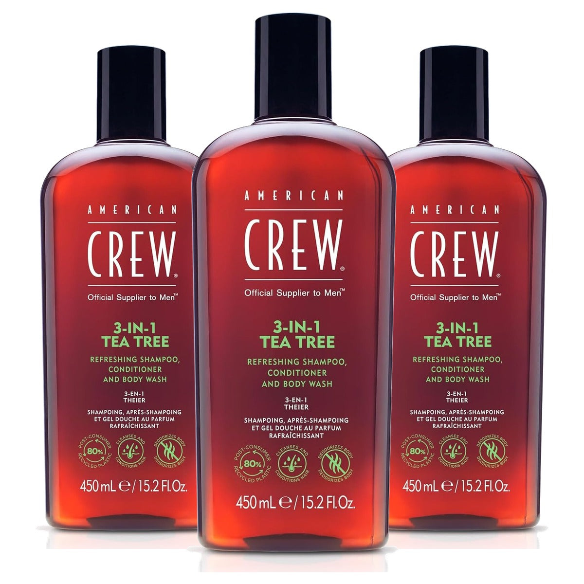 American Crew 3-in-1 Tea Tree Shampoo & Douchegel 450 ml - 3-pack