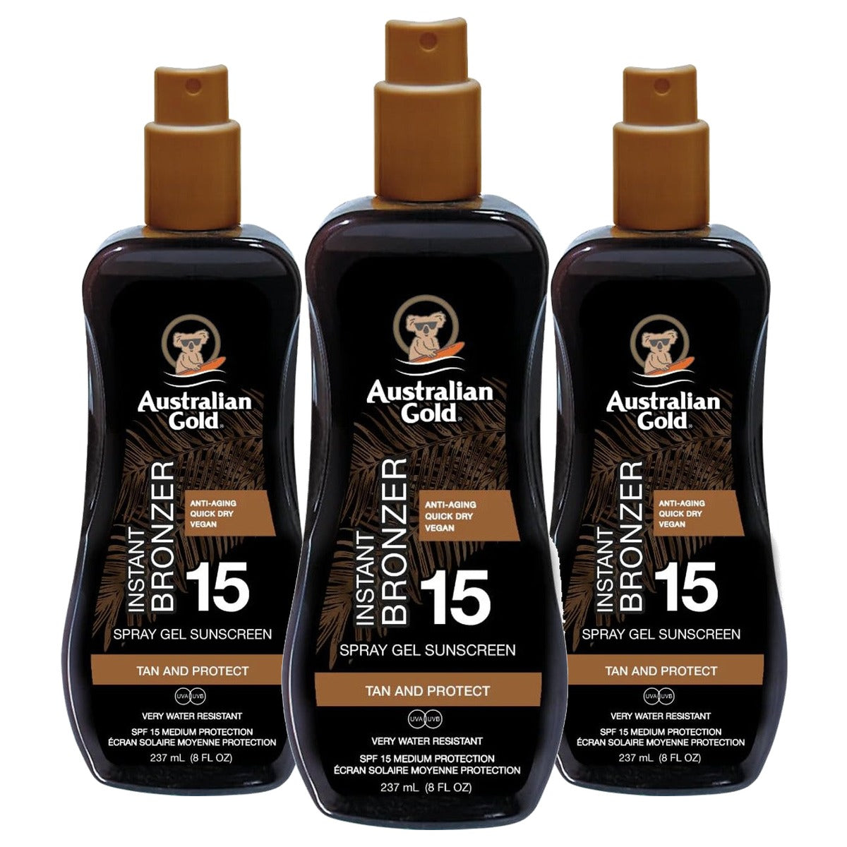 Australian Gold Zonweringspray met bronzer SPF 15 3 x 237 ml - Voordeelverpakking