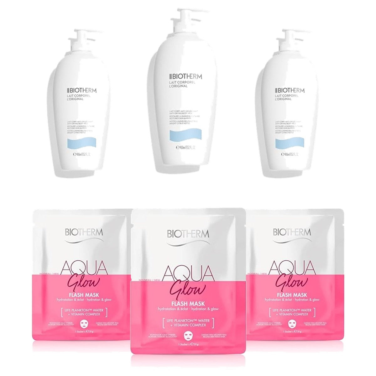 Biotherm Lait Corporel L'Original Bodylotion 400 ml & Aqua Super Mask Glow Doekmasker 31 g - 3-pack