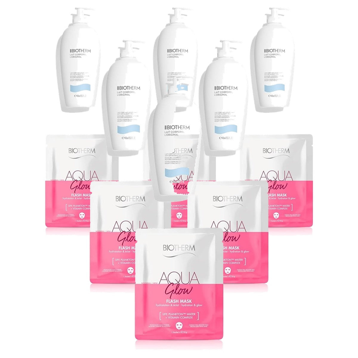 Biotherm Lait Corporel L'Original Bodylotion 400 ml & Aqua Super Mask Glow Doekmasker 31 g - 6-pack