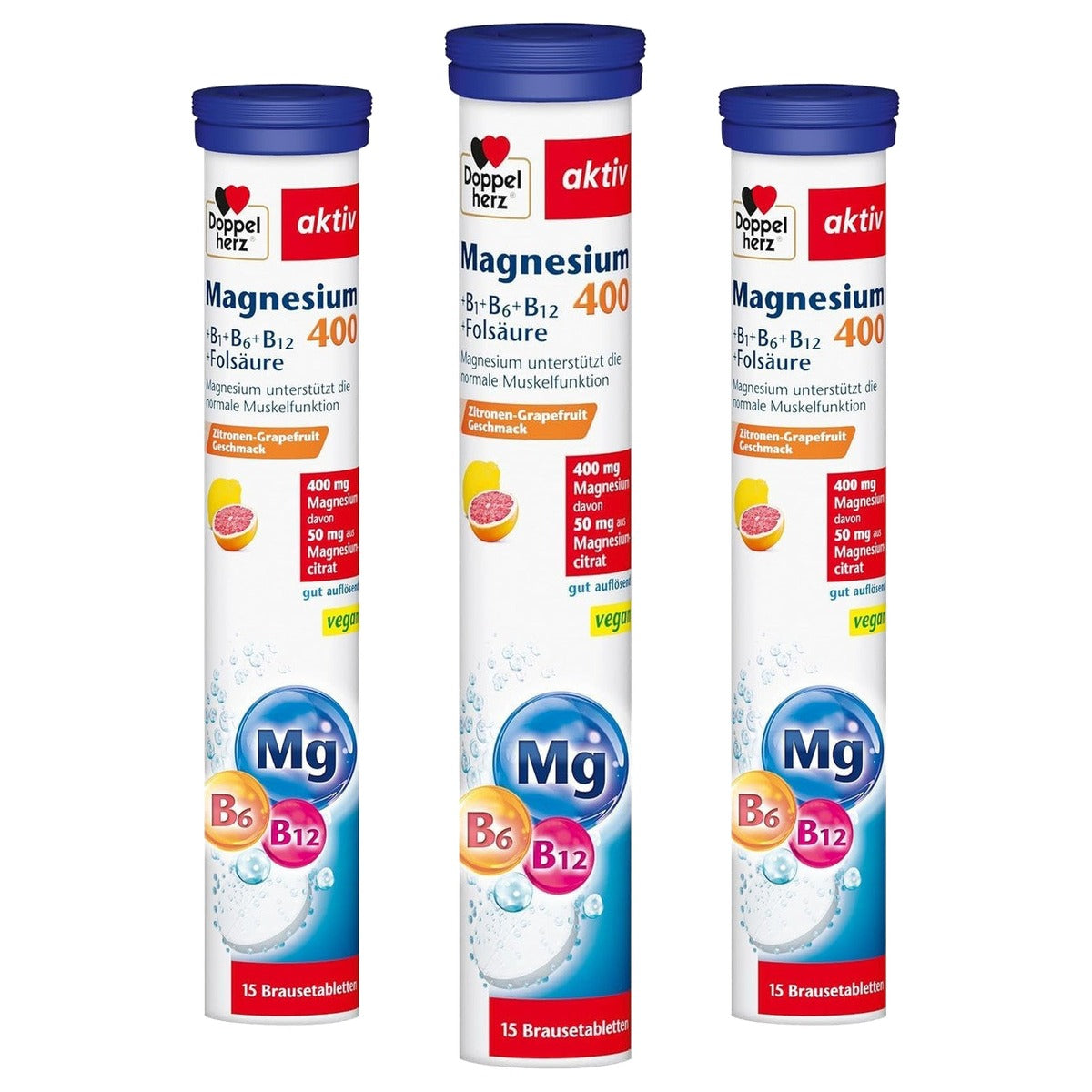 Doppelherz Magnesium 400 + B1 + B6 + B12 + Foliumzuur 15 Bruistabletten - 3-pack