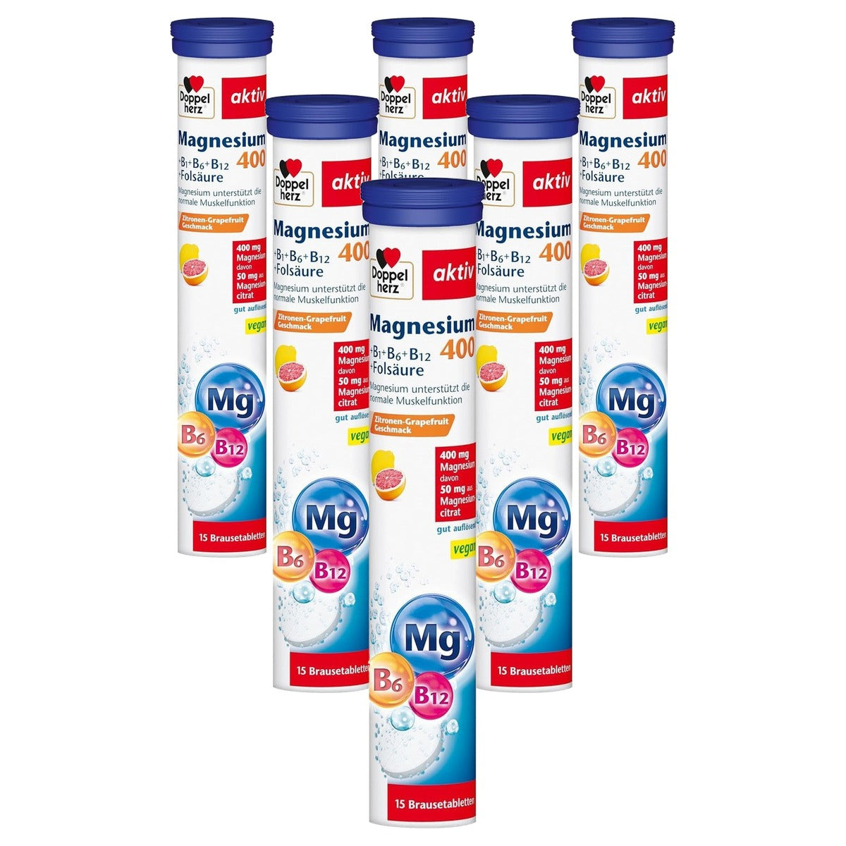Doppelherz Magnesium 400 + B1 + B6 + B12 + Foliumzuur 15 Bruistabletten - 6-pack