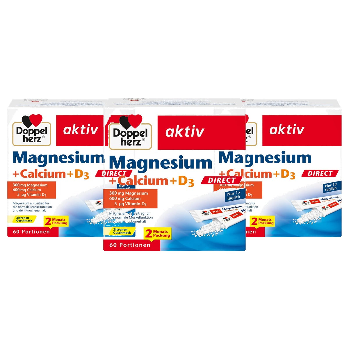Doppelherz Magnesium + Calcium + D3 Direct Citroensmaak 60 Porties - 3-pack