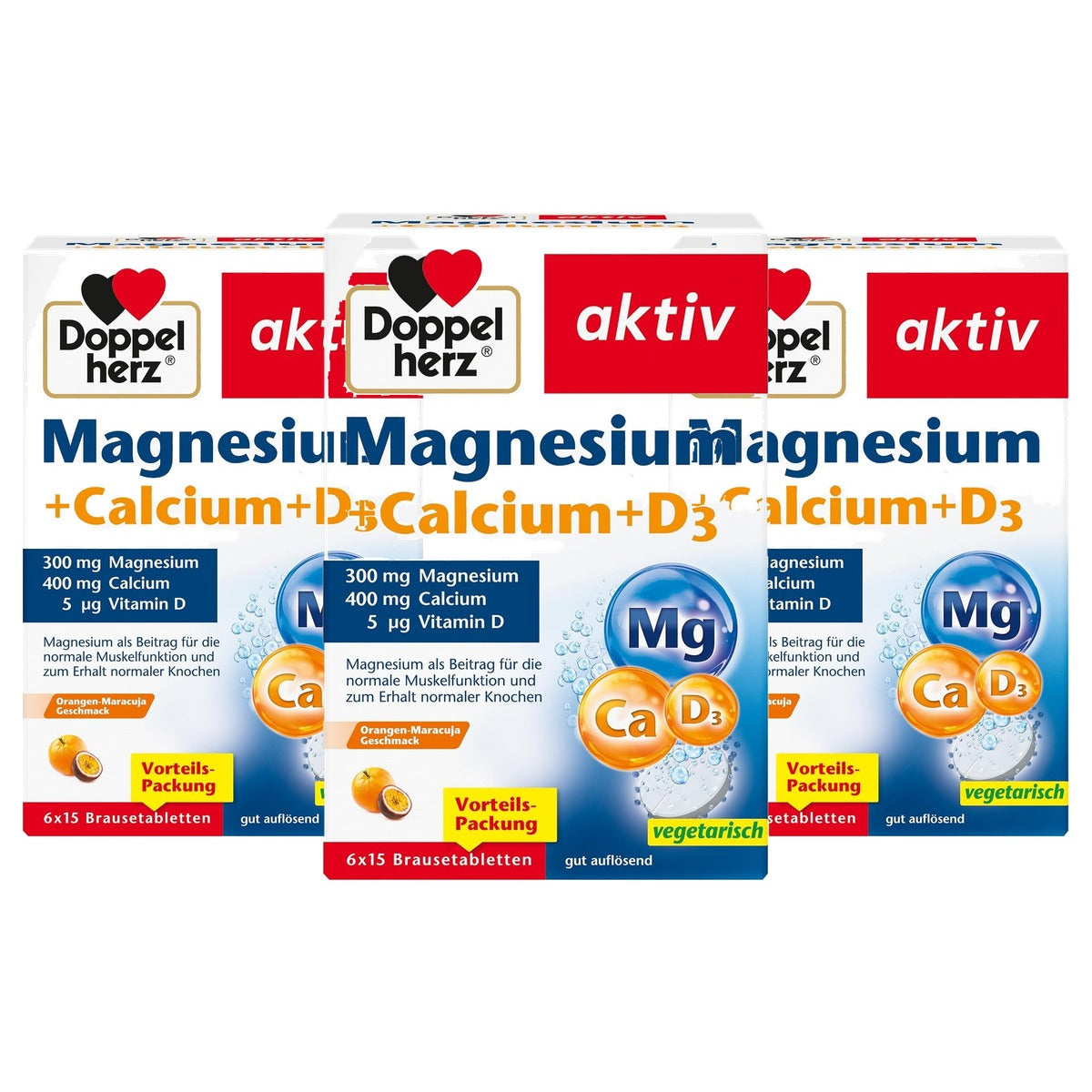 Doppelherz Magnesium + Calcium + D3 Sinaasappel-Maracuja 6 x 15 Bruistabletten - 3-pack