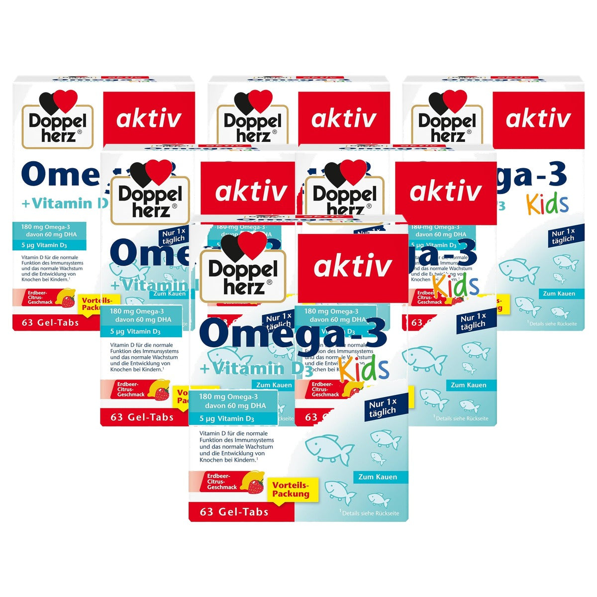 Doppelherz Omega-3 + Vitamine D3 Kids Aardbeien-Citrus 63 Gel-tabs - 6-pack