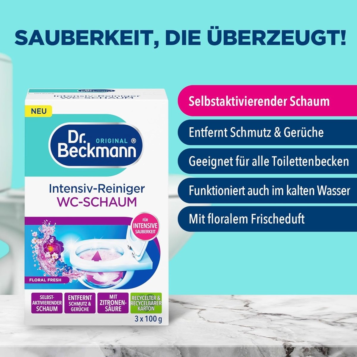 Dr. Beckmann Intensief WC Reiniger Schuim Actieve Kool Floral Fresh 3 x 100 g door Huishoudvoordeel nu bij Huishoudvoordeel