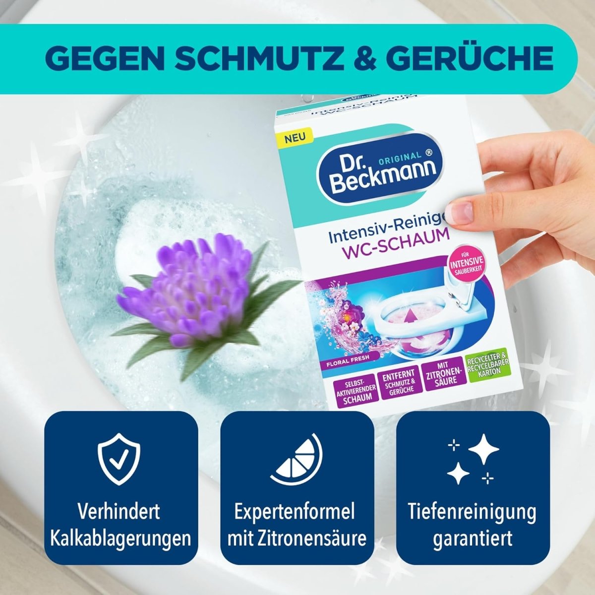 Dr. Beckmann Intensief WC Reiniger Schuim Actieve Kool Floral Fresh 3 x 100 g door Huishoudvoordeel nu bij Huishoudvoordeel
