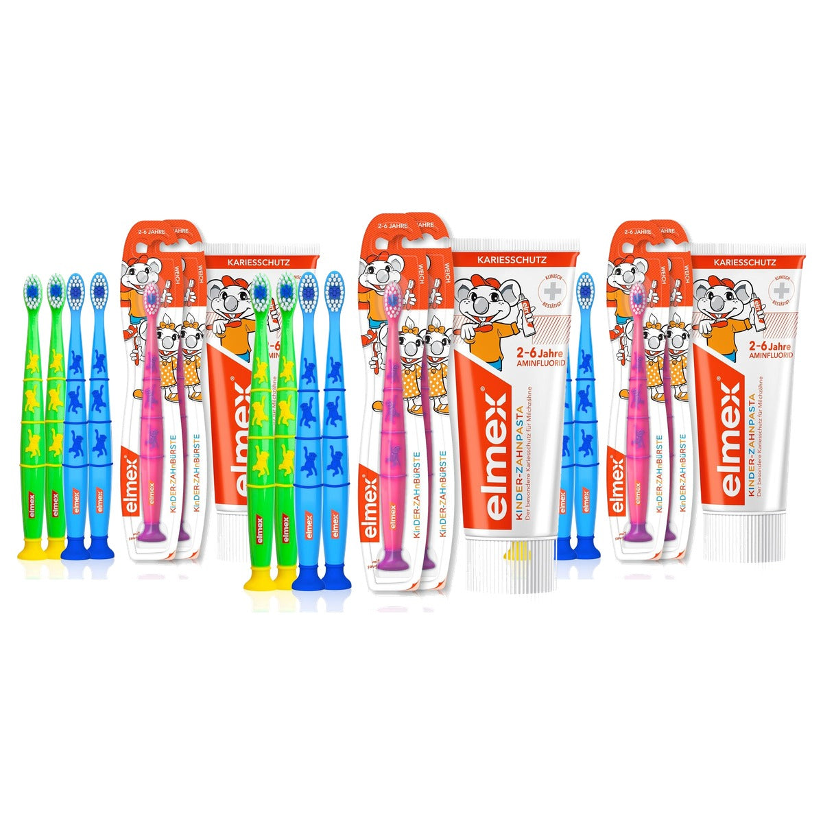 Elmex Kinderset tandpasta en 6 tandenborstels 3 x 50 ml - Voordeelverpakking
