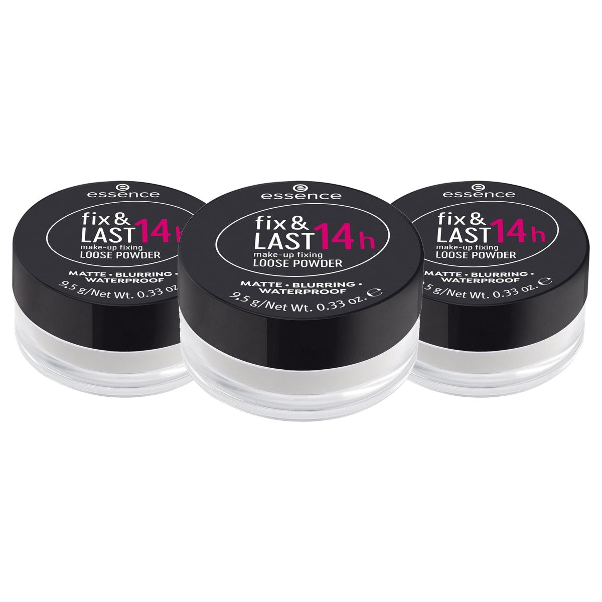 essence fix & Last 14h loose powder transparant, 9,5 g - 3-pack