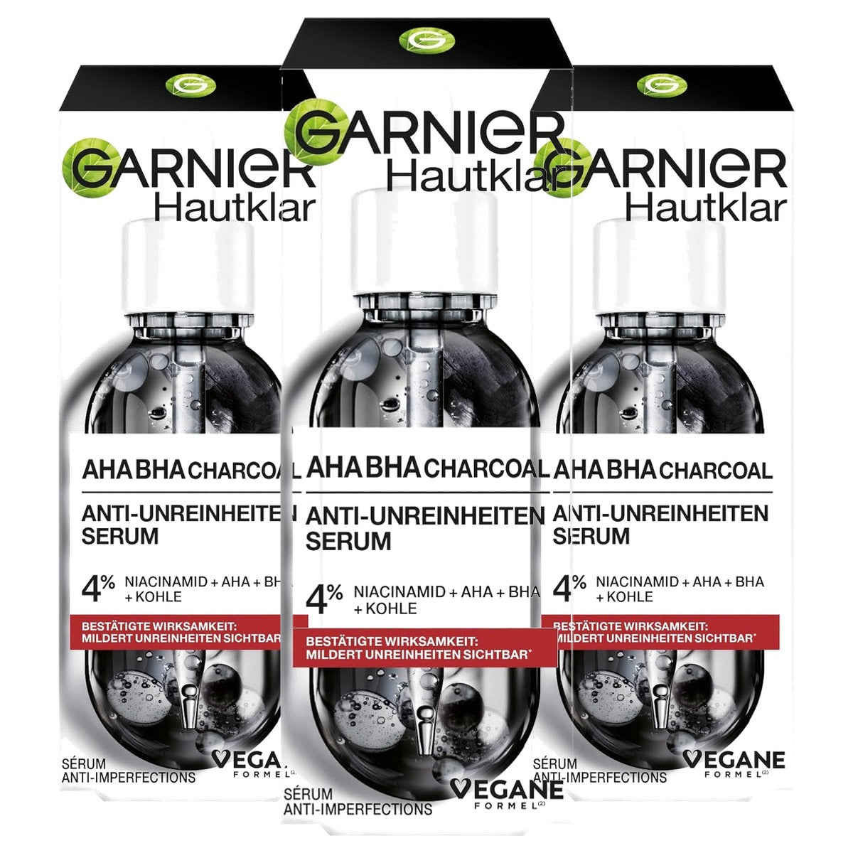 Garnier AHA + BHA Charcoal Serum met niacinamide 3 x 30 ml - Voordeelverpakking