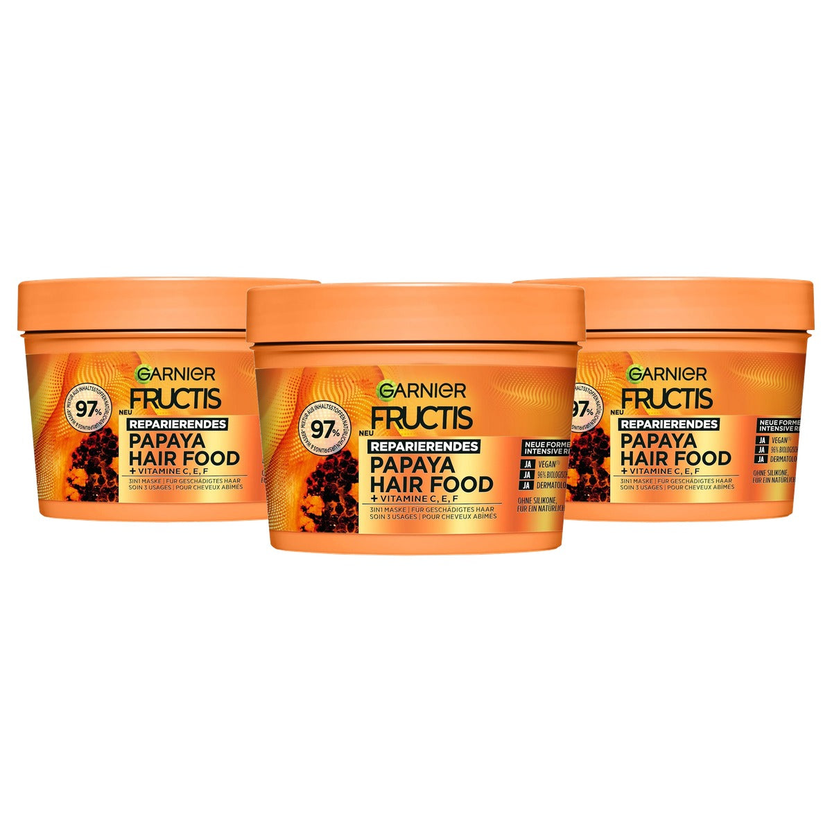 Garnier Fructis Papaya Hair Food 3-in-1 Haarmasker 3 x 400 ml - Voordeelverpakking