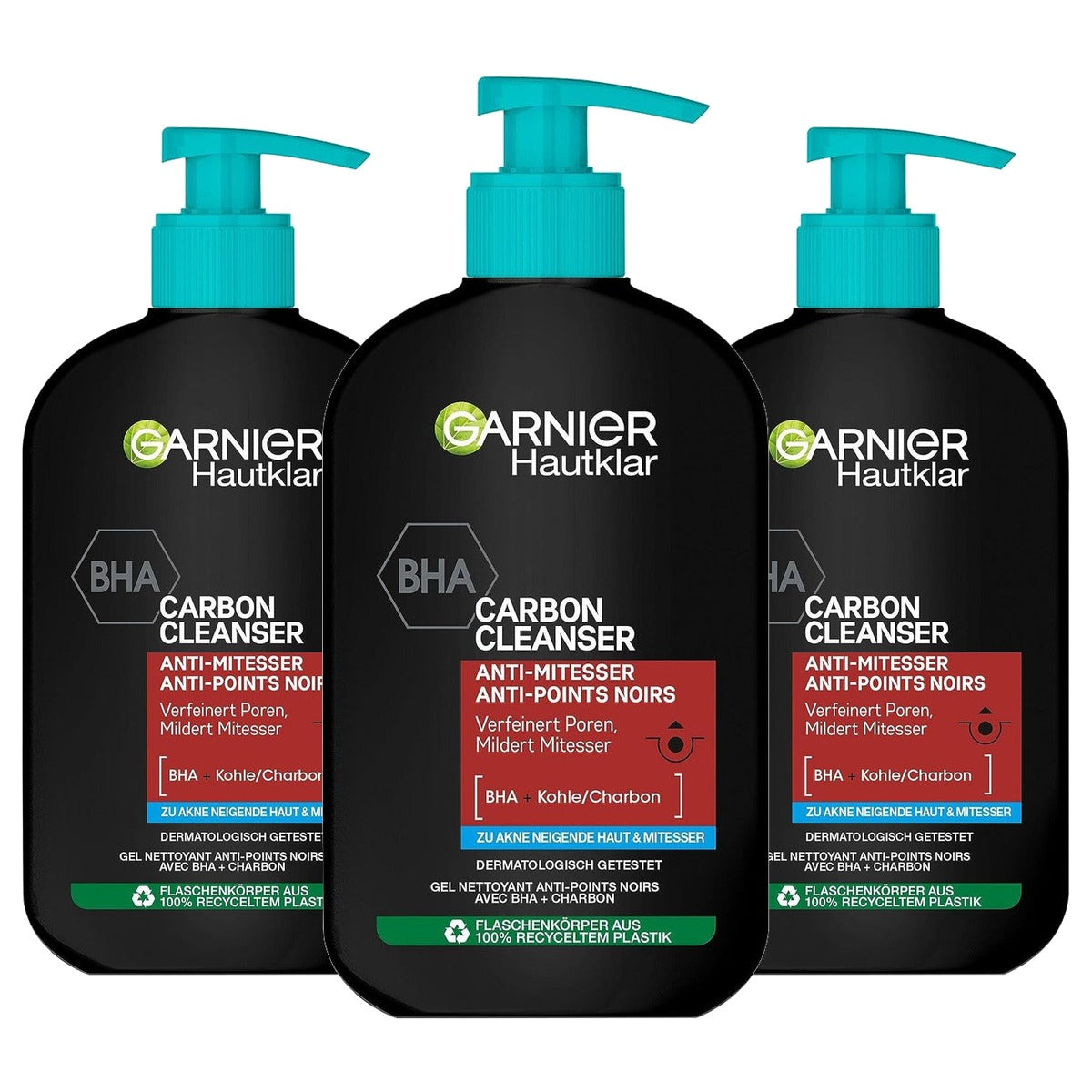 Garnier Hautklar BHA Carbon Cleanser Wasgel 3 x 250 ml - Voordeelverpakking