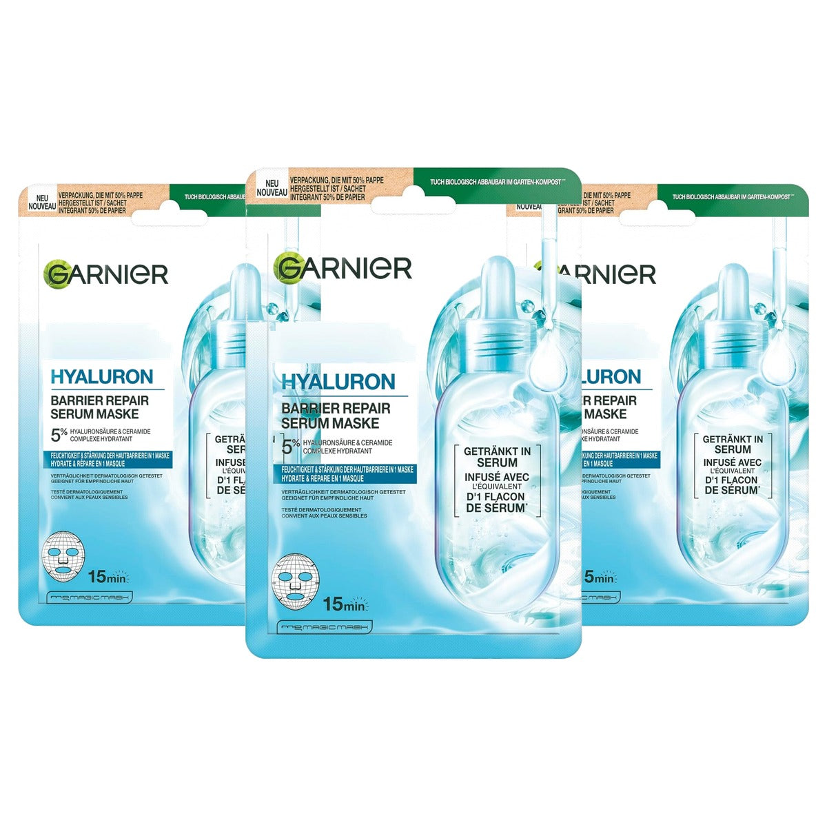 Garnier Hyaluron Barrier Repair Serum Masker 3 x 30 g - Voordeelverpakking