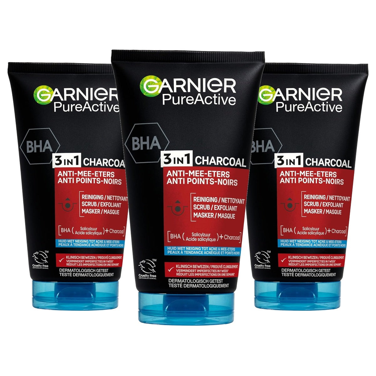 Garnier PureActive 3-in-1 Houtskool 3 x 150 ml - Voordeelverpakking
