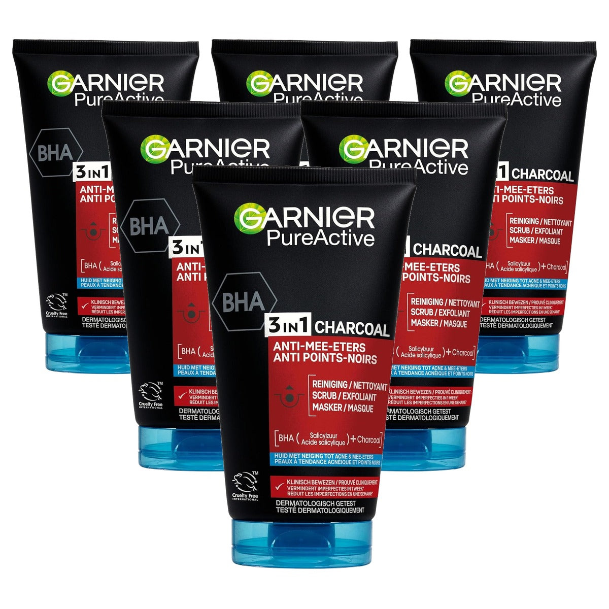 Garnier PureActive 3-in-1 Houtskool 6 x 150 ml - Voordeelverpakking