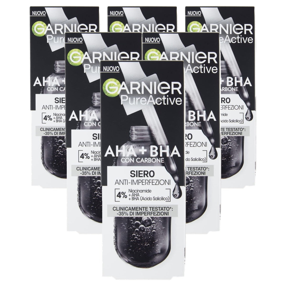 Garnier PureActive Serum tegen onzuiverheden, HA + BHA 6 x 30 ml - Voordeelverpakking