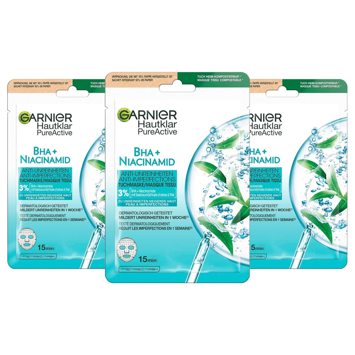 Garnier SkinActive Skin Clear Active Doekmasker 3 x 23 g - Voordeelverpakking