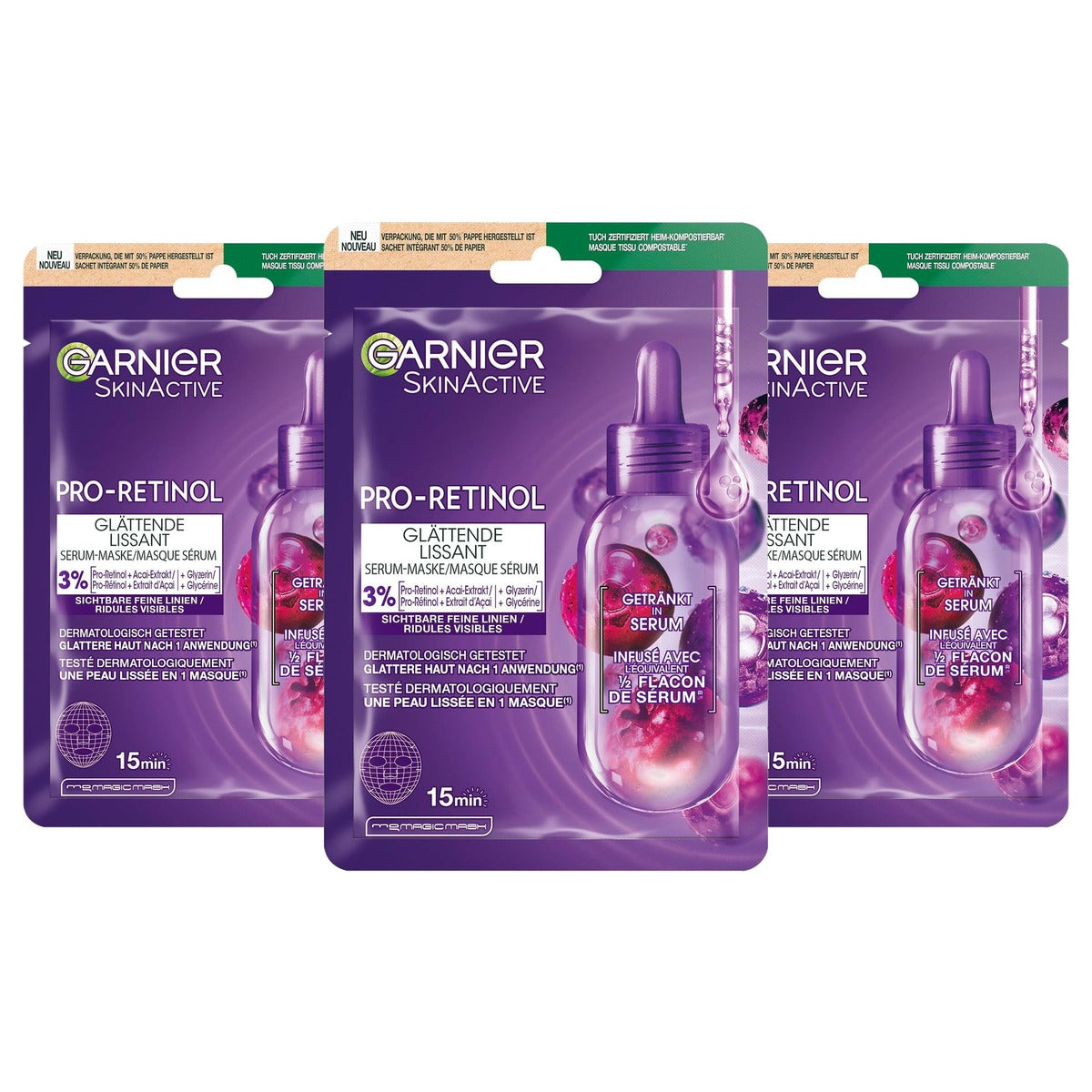 Garnier SkinActive Pro-retinol gladmakend serummasker - 3-pack
