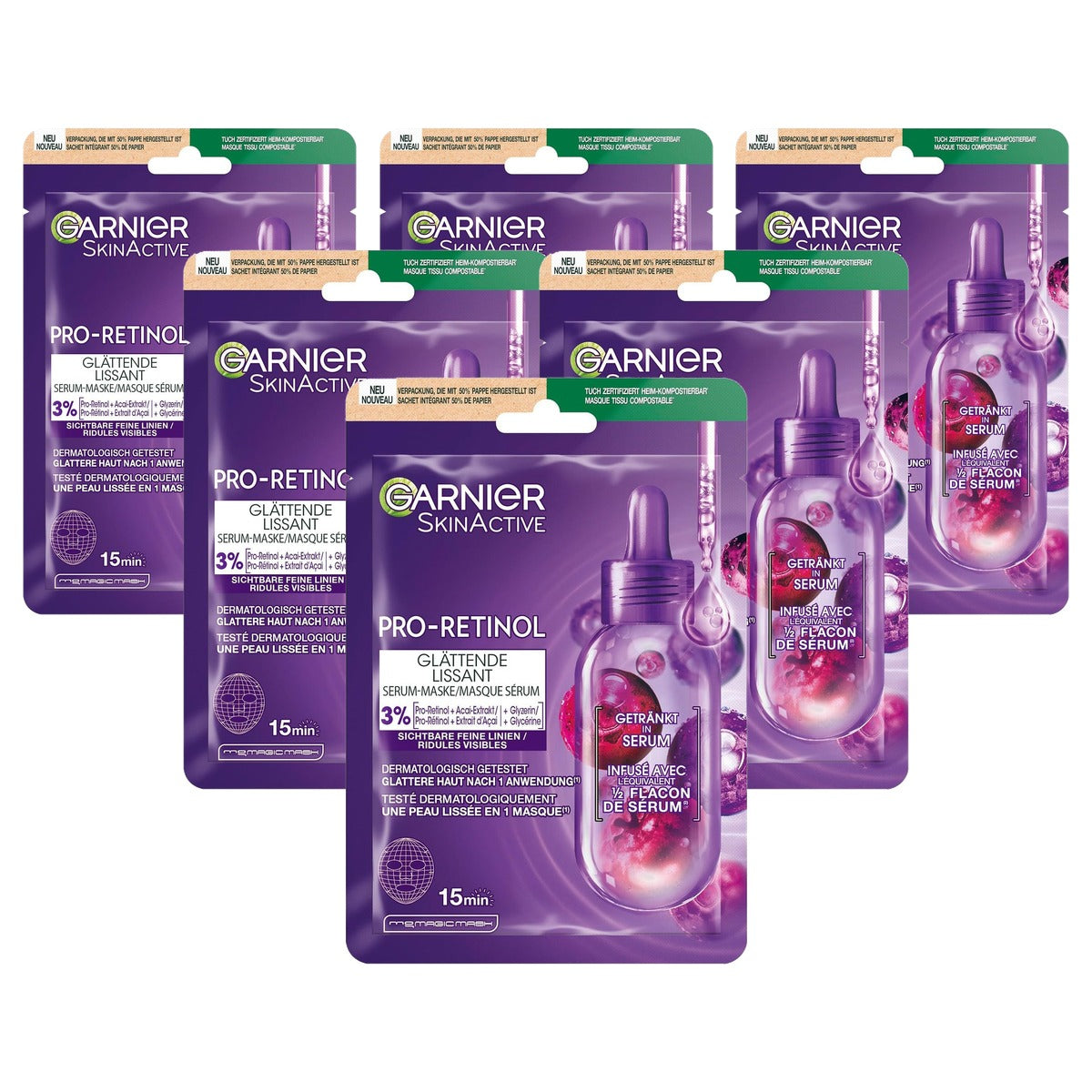 Garnier SkinActive Pro-retinol gladmakend serummasker - 6-pack
