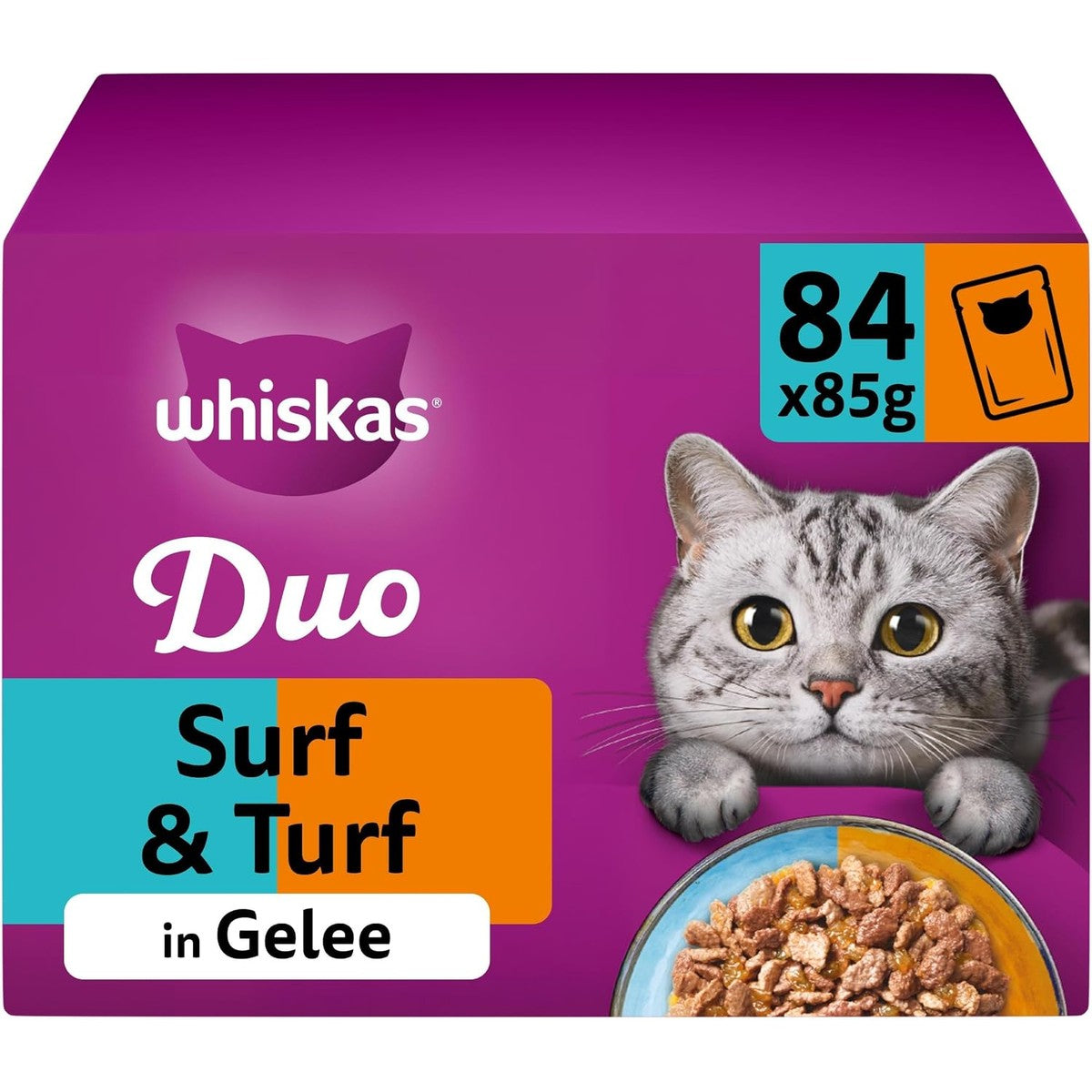 Whiskas Adult 1+ natvoer voor katten Tasty Duo Surf & Turf in gelei, 84 portiezakken, 84 x 85 g (1 grote verpakking) – hoogwaardig nat kattenvoer, voor volwassen katten – whiskas