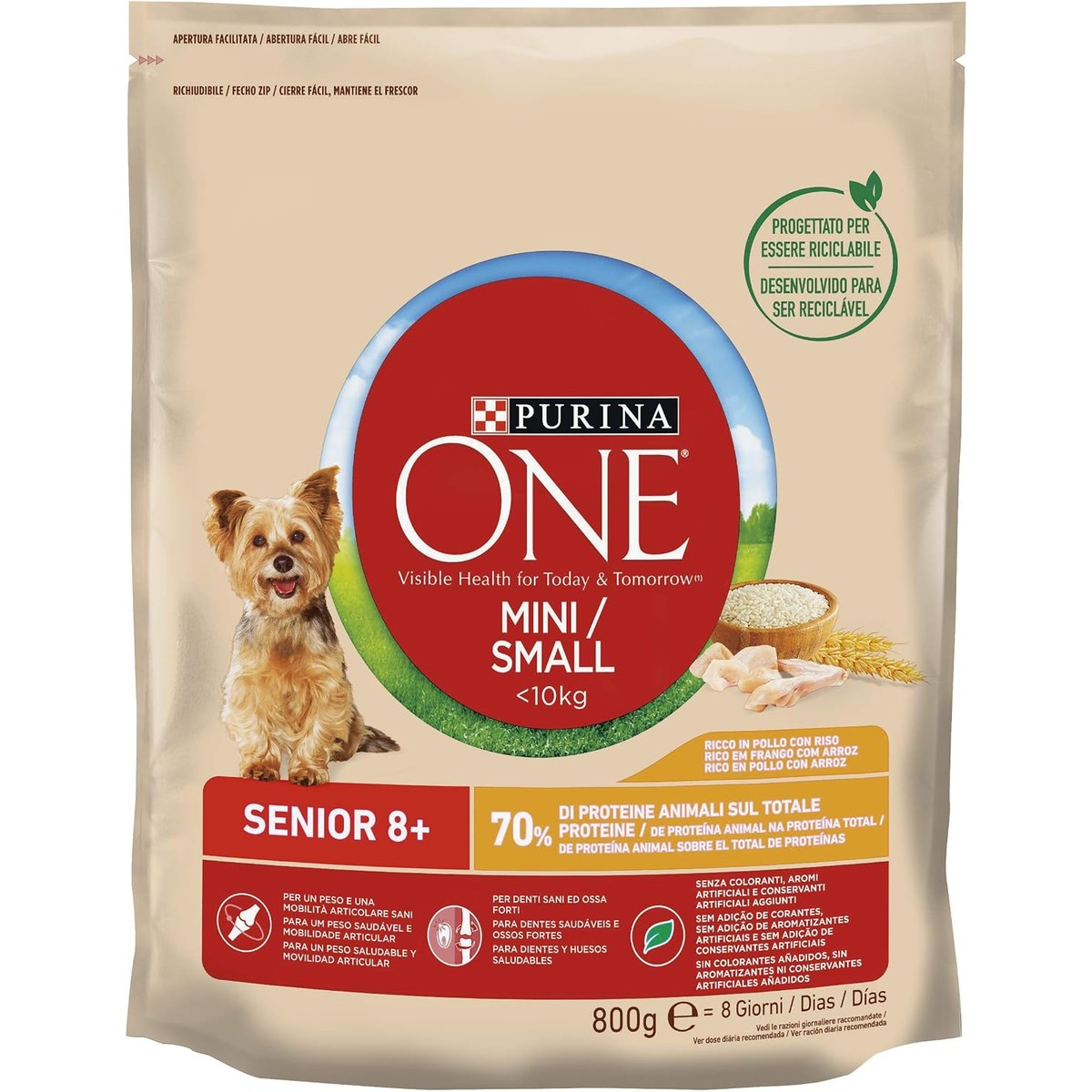 Purina One Mini Dental Droogvoer voor kleine honden, < 10 kg, met kip en rijst, 8 verpakkingen à 800 g – PURINA ONE