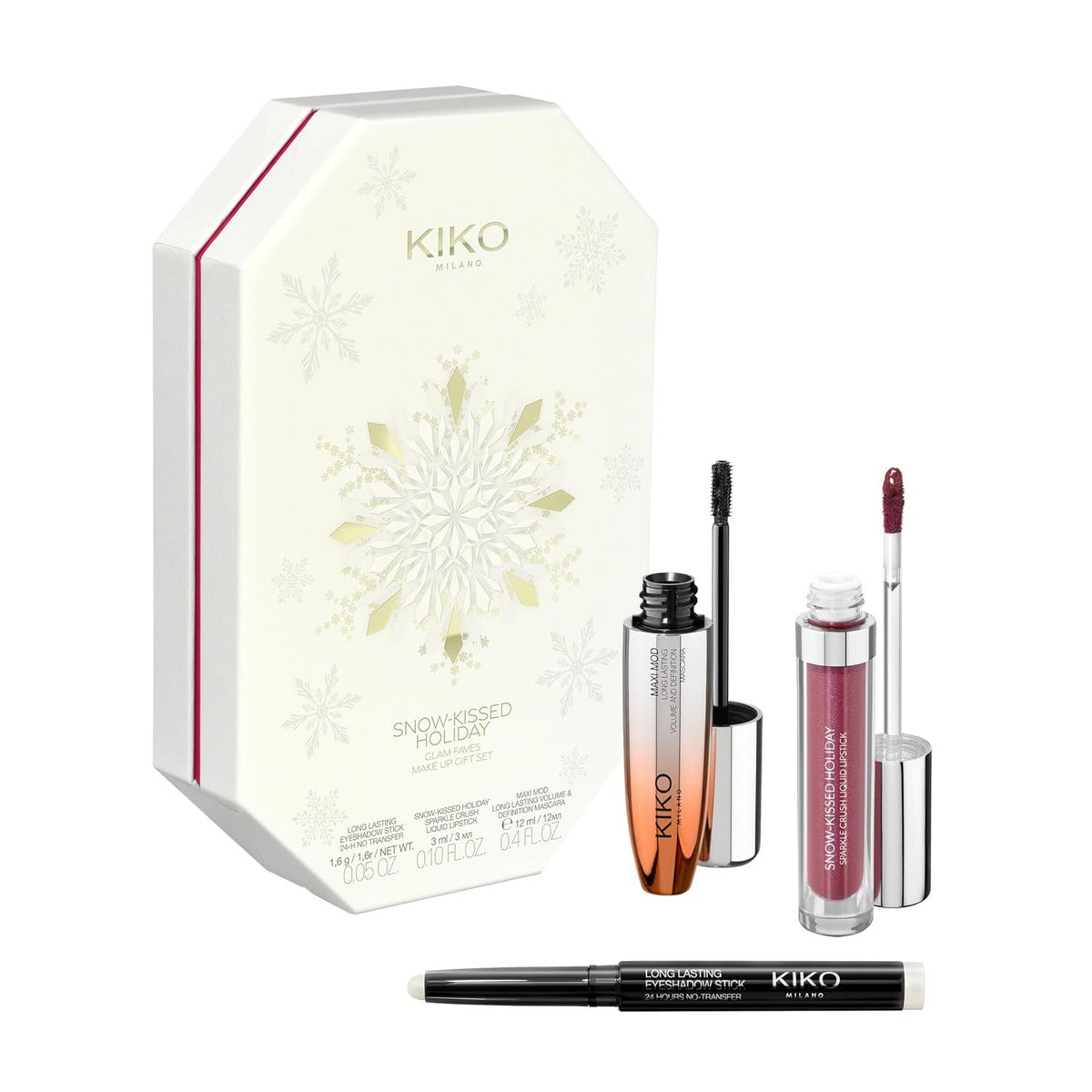KIKO Milano Snow-Kissed Holiday Glam-Faves Make-upcadeauset, make-up cadeauset: volumemascara, mat om te glinsterende lippenstift en oogschaduwstick – Kiko Milano