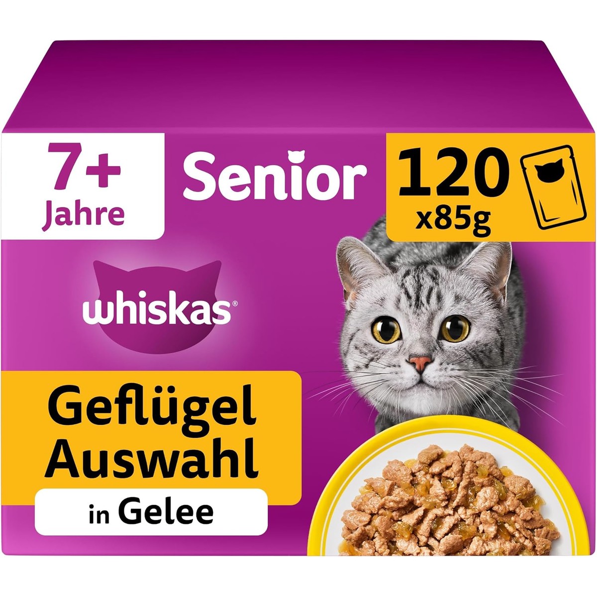 Whiskas Senior 7+ natvoer voor katten, gemengde selectie in gelei, 120 portiezakken, 120 x 85 g (1 grote verpakking), hoogwaardig nat kattenvoer, voor katten vanaf 7 jaar en ouder – whiskas